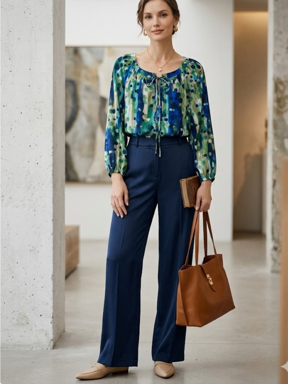 Roz & Ali Navy Wide-Leg Trousers with Green-Blue Accents